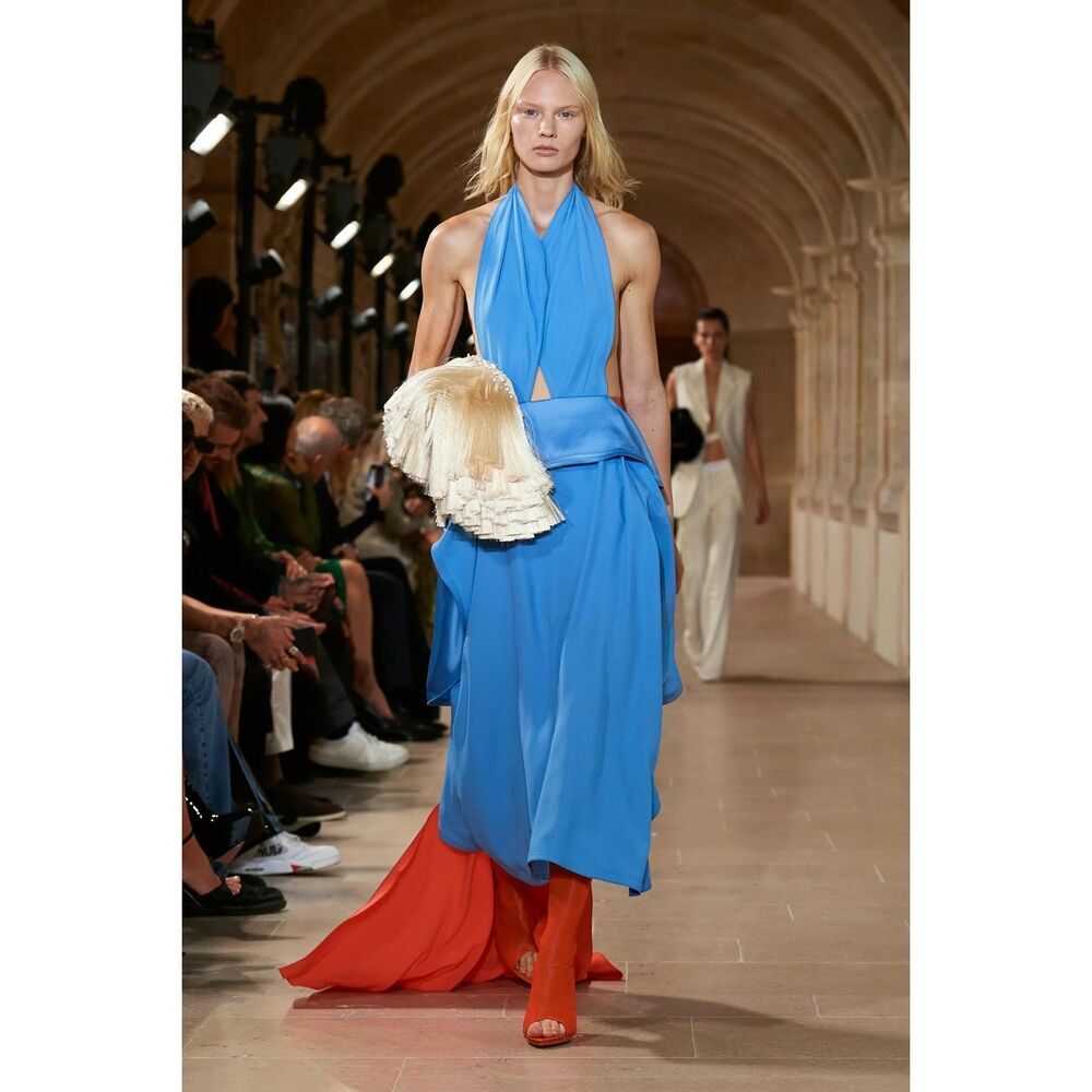 Victoria Beckham Womens Colorblock Circle Draped Dress Blue & Orange Size 4 - Picture 4 of 13